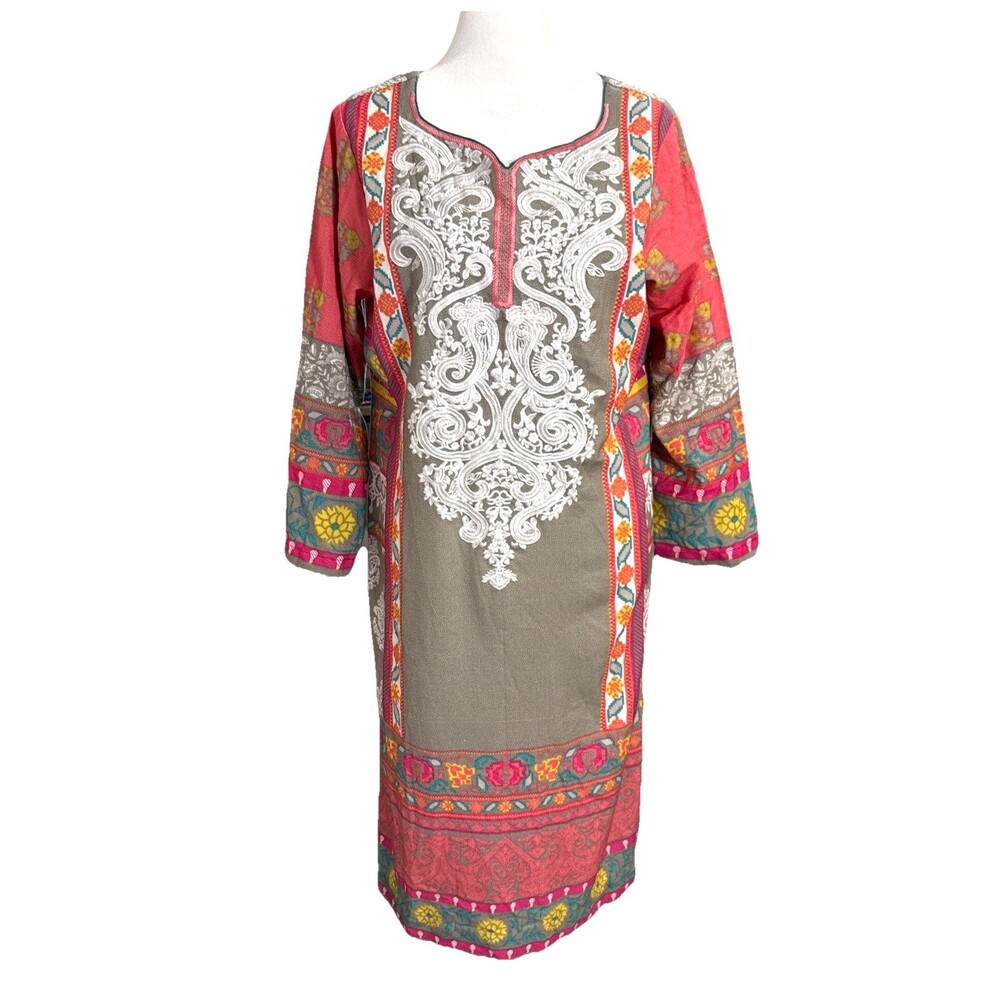 Pakistani Indian Multicolor Tunic Dress MED Traditional Embroidery Vibrant Print